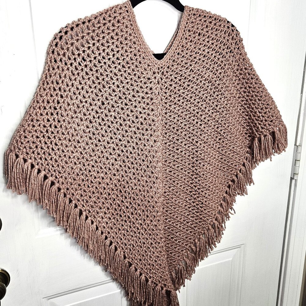 Crochet Mauve Poncho with Gold Sparkle and Fringe
